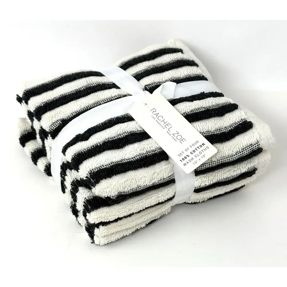 Rachel Zoe Black Ivory Off White Stripes Washcloths Plush 4 Face Cloths NWT
